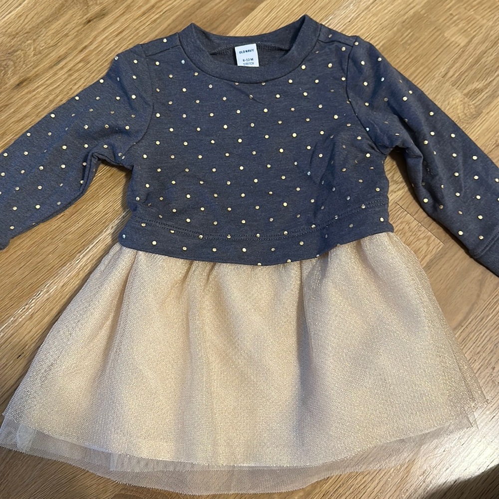 Baby girls old navy polka dot dress with attached gold tut, size 6-12 months